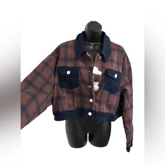 WeWoreWhat modern plaid stretch twill colorblock denim jacket size medium new - Picture 8 of 17